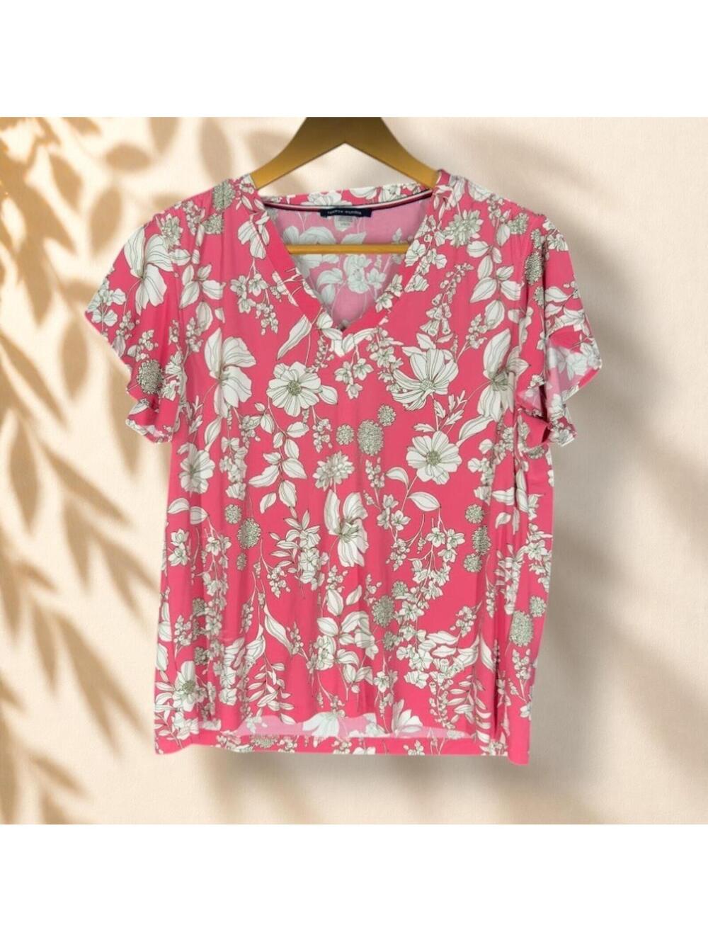 Tommy Hilfiger T-Shirt Women L Large Pink Floral Short Sleeve V-Neck Casual